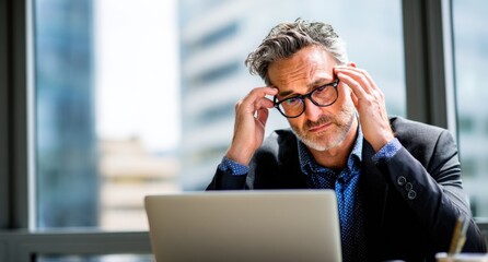 Businessman with gray hair and beard wea glasses and a dark suit sitting at desk in office feeling stressed and overwhelmed with work and computer