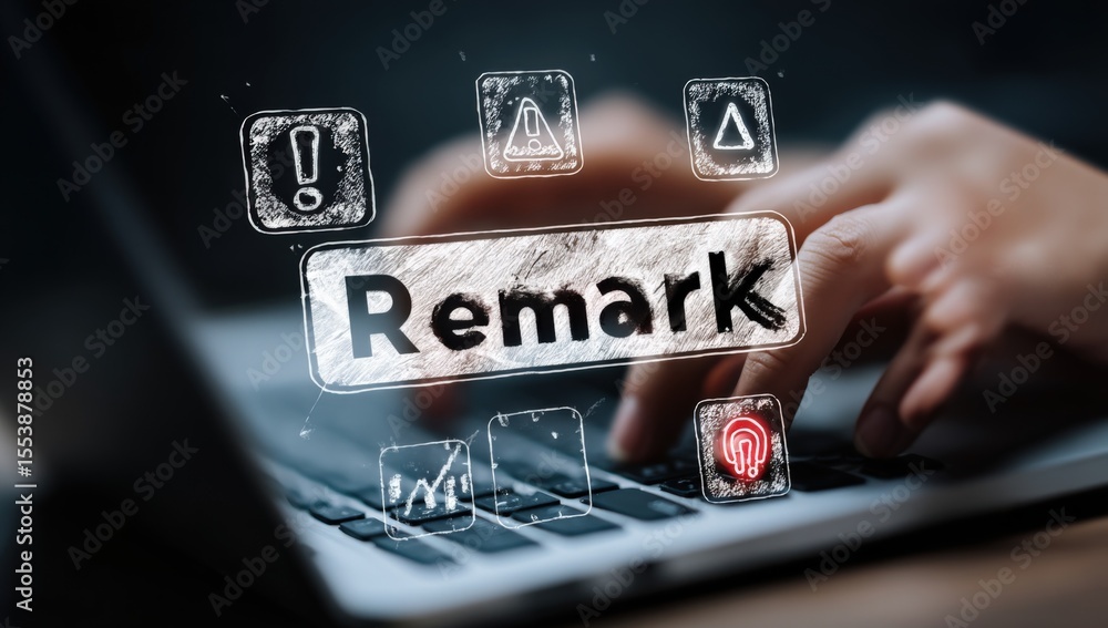 Aufkleber Digital Note Taking and Highlighting with Sparkling Holographic Comment and Icon Over Black Keyboard in Modern Technology Workspace