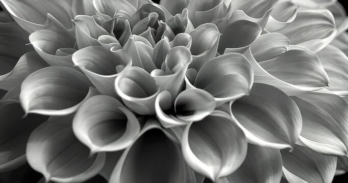 Close-up of a heart-shaped monochrome dahlia flower on a dark background.