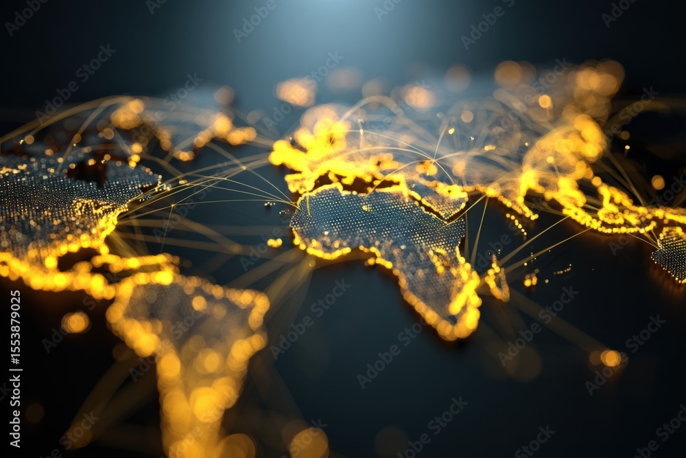 Poster Illuminated world map with glowing interconnected digital network lines highlighting global connectivity and technology advancements