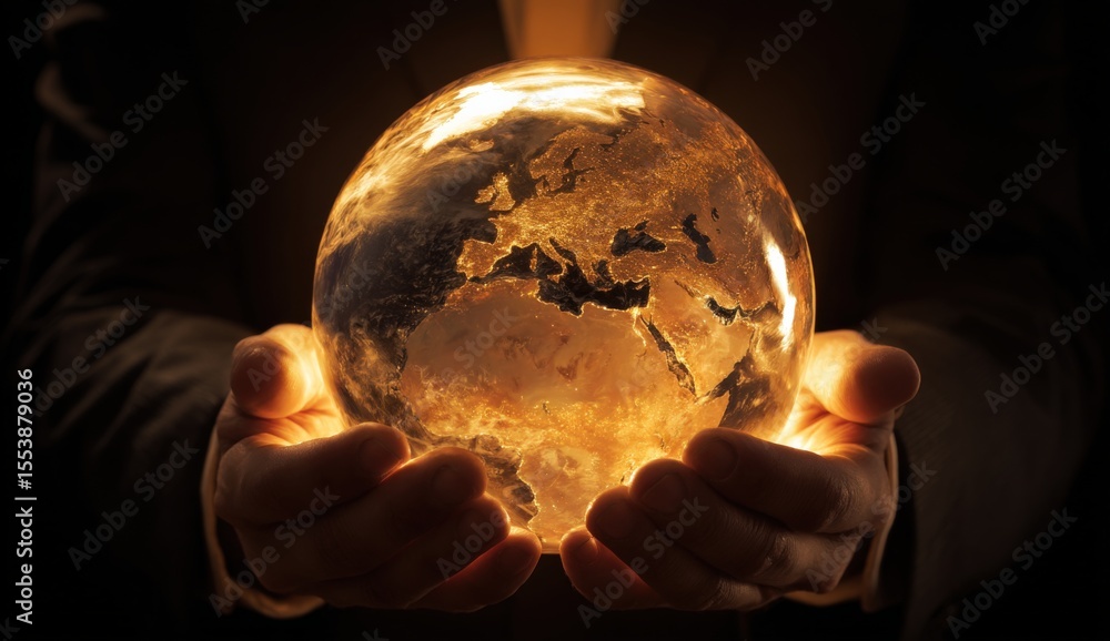 Poster hands holding glowing earth globe with illuminated continents and ocean details, warm light creation