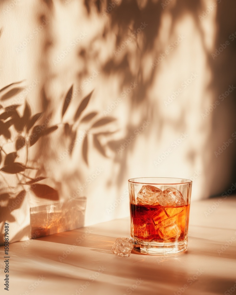 Poster clear glass of iced whiskey with ice cubes on smooth light wooden table in warm sunlight with shadow