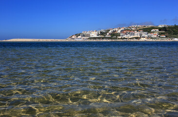 Portugal, Caldas de Rainha, Lagoa de Obidos or Obidos Lagoon and the holiday town of Foz do Arelho....