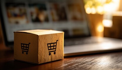 Small cardboard shipping box with shopping cart icon on side placed on wooden table with blurred background in warm natural light