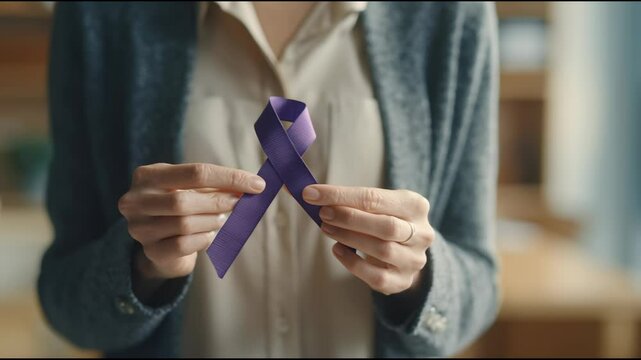 Woman holding purple Ribbon for supporting people with Pancreatic Cancer, world Alzheimer, epilepsy, lupus