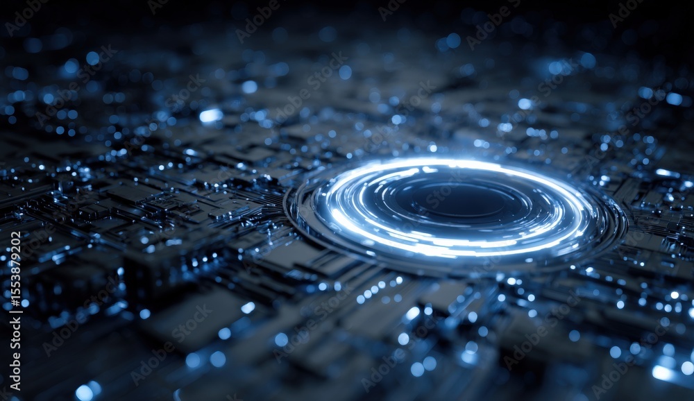 Aufkleber Futuristic digital technology concept with glowing data circuit pattern and water ripple effect in deep blue color for innovation and network themes