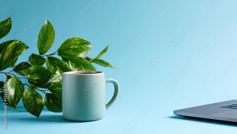 Poster minimalist workspace setup with a gray coffee mug, green leafy plant, and partial view of a modern l