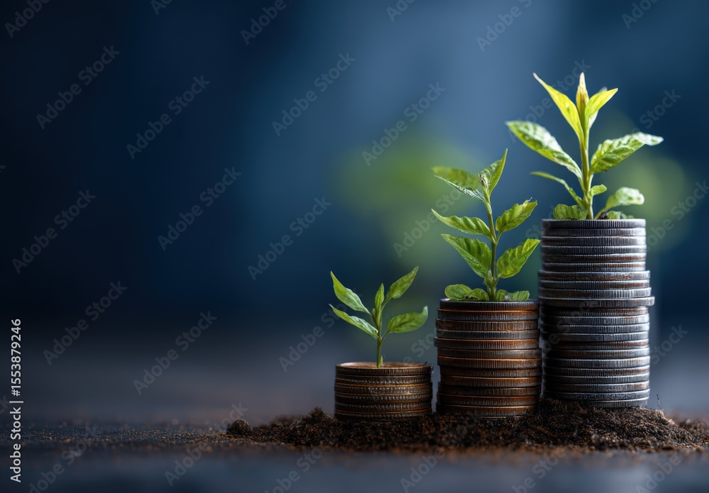 Poster growing financial investment and wealth accumulation concept with multiple stacks of coins and young