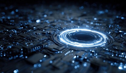 Futuristic digital technology concept with glowing data circuit pattern and water ripple effect in deep blue color for innovation and network themes