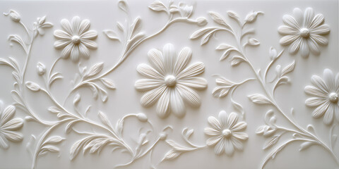 Elegant white floral relief pattern with embossed daisy flowers and vines, ideal for wall panels, ceramics, and decorative surfaces.

