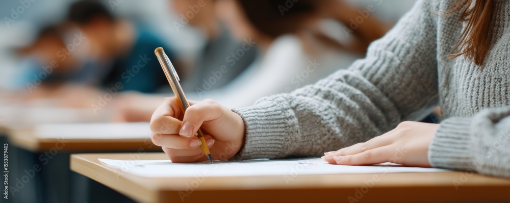 Poster student taking notes du exam or class in classroom with focus on hand writing on notebook close up v