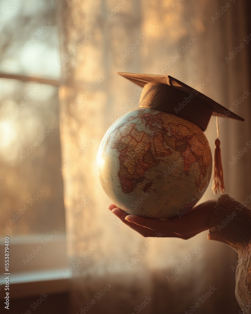 Poster globe wea a graduation cap held in a hand with a warm blurred background and sunlight streaming thro