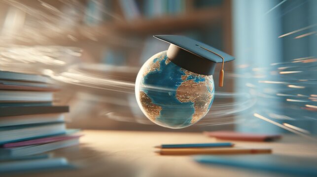 Innovative education concept with earth globe wea graduation cap floating above books and sparks signifying knowledge and learning