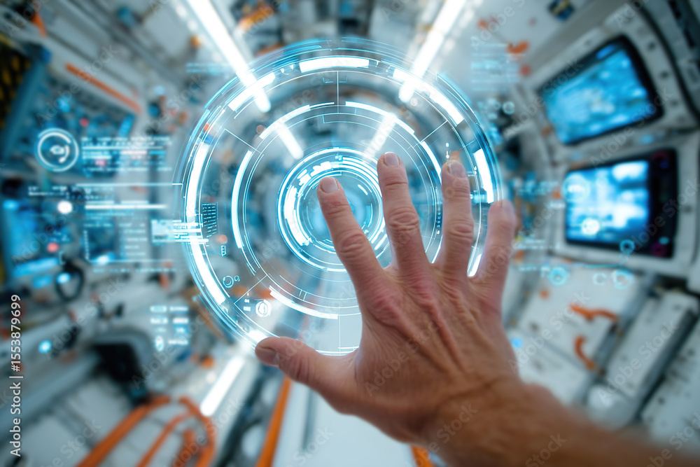 Poster hand interacting with futuristic holographic display in a high-tech space environment