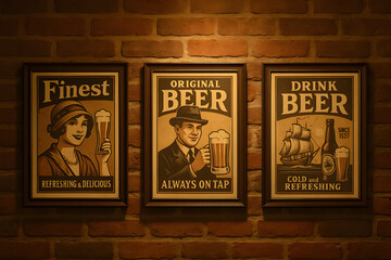 Vintage beer posters on wall: Curated trio of framed 1920s-style beer advertisements on exposed brick. Classic typography and illustrations (no modern brands)