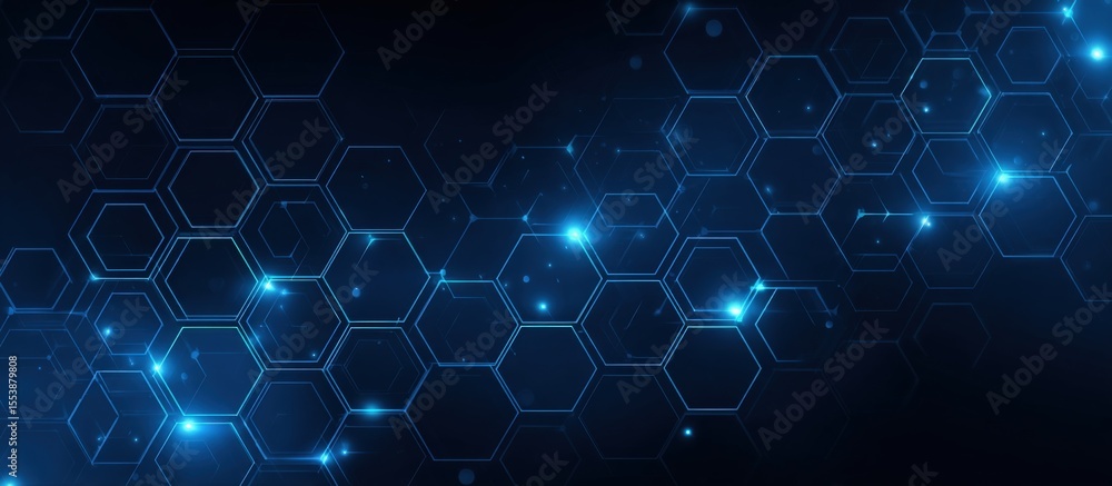 Poster High-Tech Digital Network Background with Glowing Hexagonal Shapes and Data Connections for Technology Innovation and Cybersecurity
