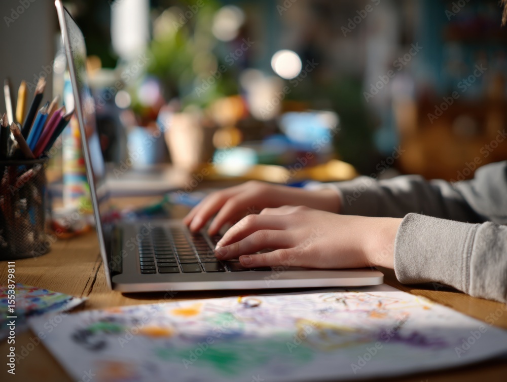 Poster person typing on a modern laptop computer at a cluttered workspace with colorful art supplies and sk