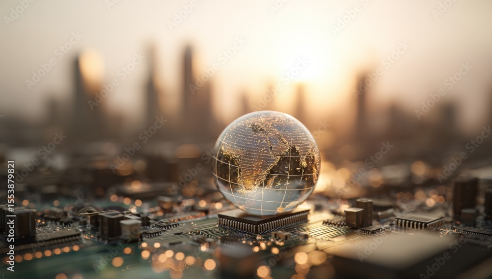 Poster close-up of a transparent glass globe with a detailed world map miniature placed on an electronic ci