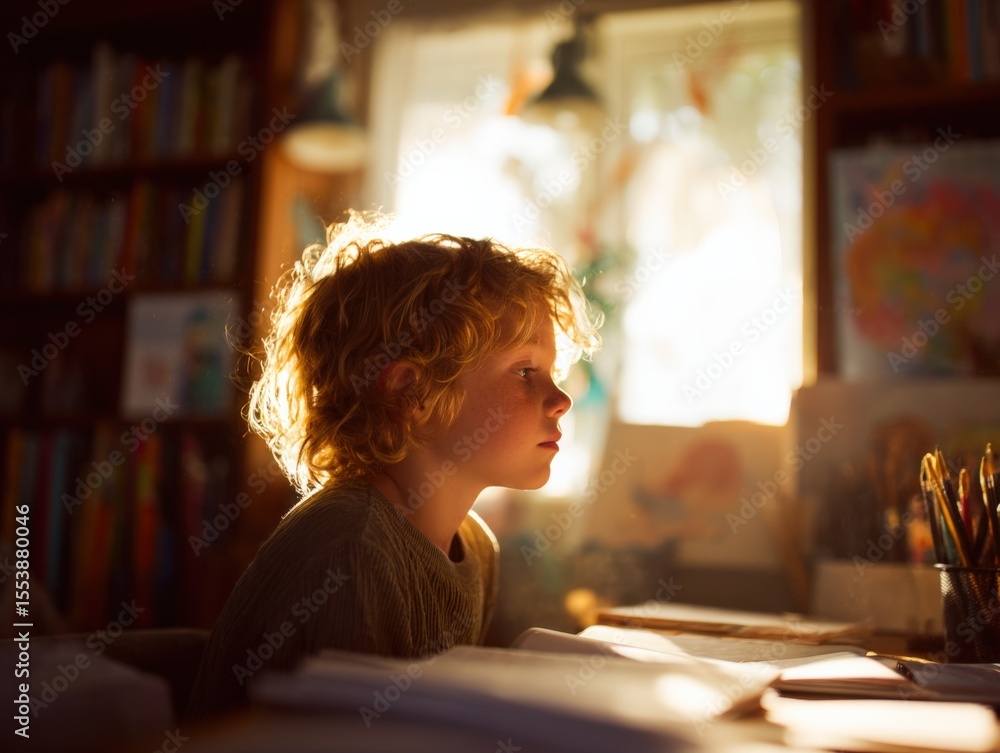 Poster thoughtful child sitting in a cozy home library with natural light streaming through the window and 
