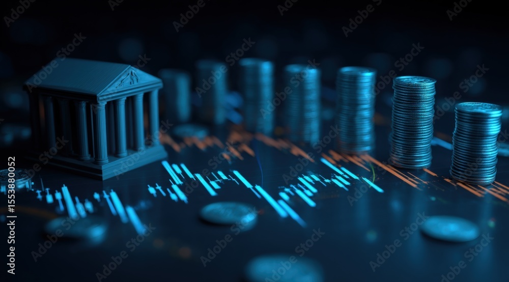 Poster digital financial growth concept with bank building and stacked coins on stock market graph backgrou