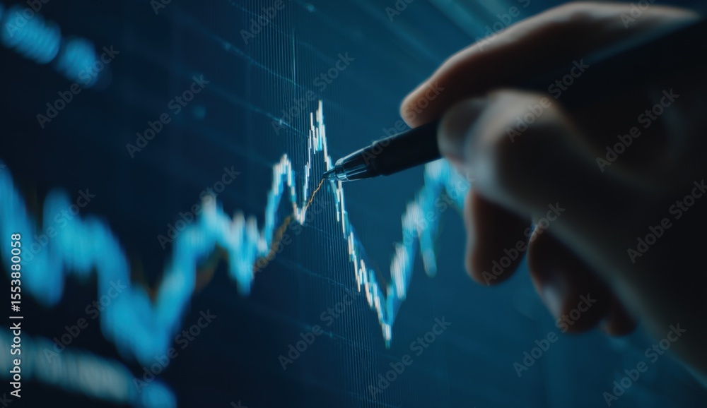 Poster businessman analyzing financial market data on a digital screen with a pen and stock charts in a hig