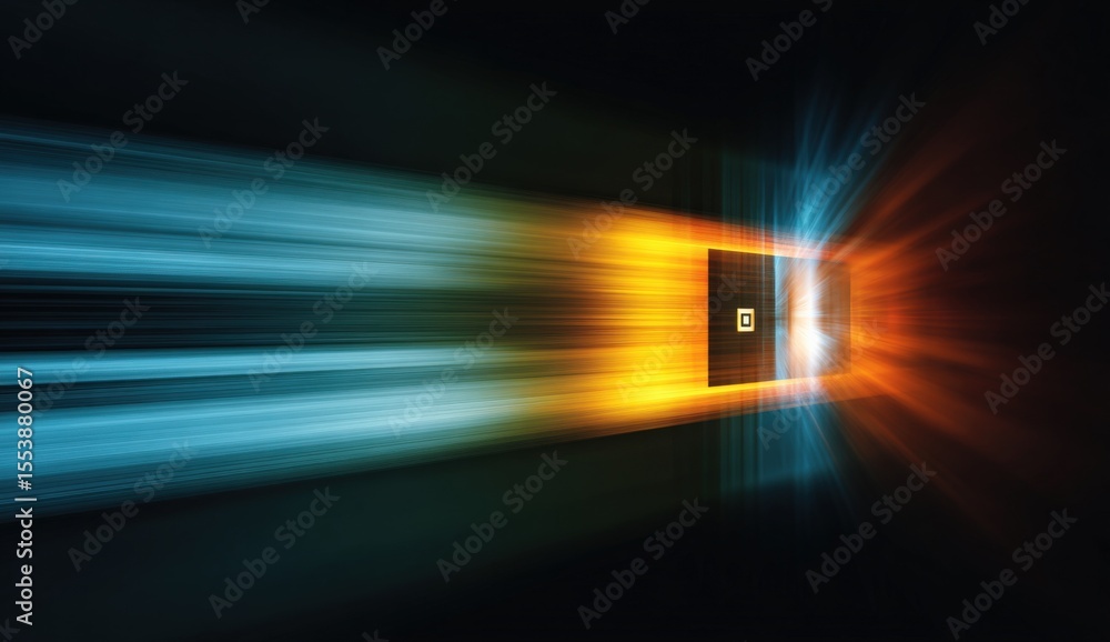 Poster High speed futuristic light trail passing through digital tablet with glowing screen on dark background creating dynamic motion effect