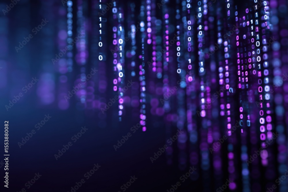Fototapete Abstract digital code with glowing purple and blue binary numbers flowing on dark background representing technology data and information processing