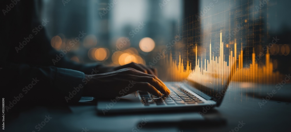 Poster businessman analyzing stock market data on laptop with financial graphs and charts in a modern offic