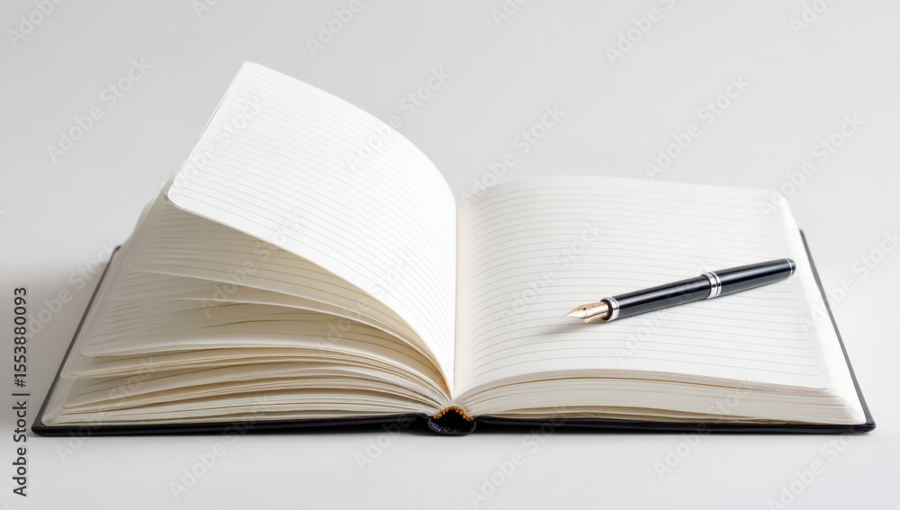 Poster Open blank notebook with lined pages lying flat on a white surface with a black pen resting across the pages for writing or note taking
