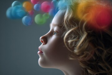 Young girl with curly hair gazing thoughtfully at colorful bokeh lights in a dark background creating a dreamy whical atmosphere