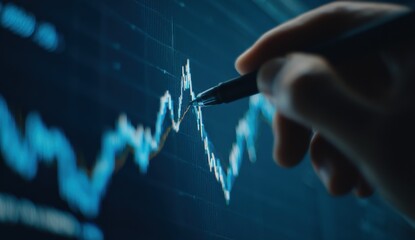 Businessman analyzing financial market data on a digital screen with a pen and stock charts in a high-tech office environment for investment and trading analysis