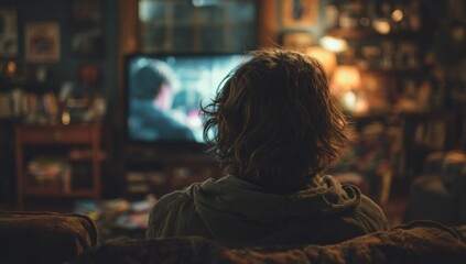 Obraz premium Woman Watching Television in Cozy Living Room with Warm Lighting, Bookshelves and Comfortable Couch, Relaxing Home Entertainment Scene