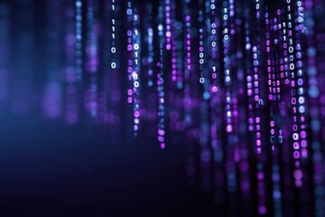 Abstract digital code with glowing purple and blue binary numbers flowing on dark background representing technology data and information processing