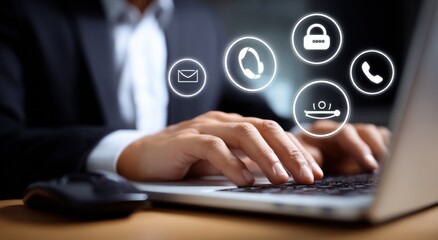 Modern business professional using laptop with floating digital communication icons including email phone cloud and chat in futuristic workspace scene