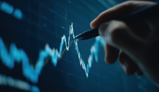 Businessman analyzing financial market data on a digital screen with a pen and stock charts in a high-tech office environment for investment and trading analysis - Powered by Adobe