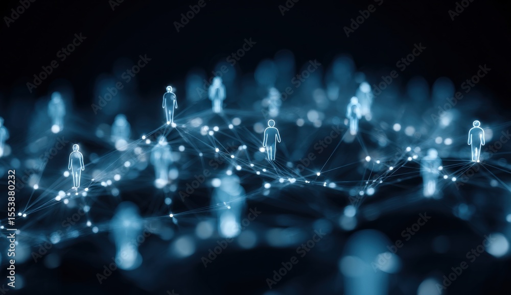 Poster Abstract digital network with interconnected human icons representing communication technology and global connectivity concept