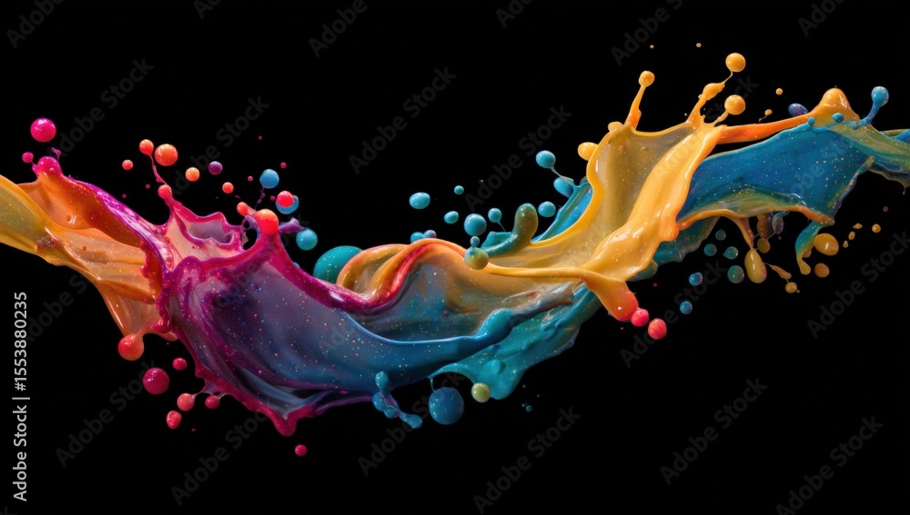 Aufkleber Vibrant Multicolored Paint Splash with Dynamic Fluid Motion and Splatte Effect on Black Background for Artistic Design