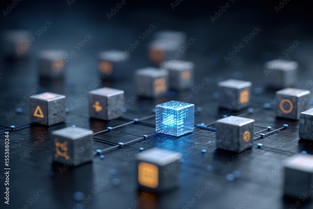 Fototapete Close-up of blockchain network connections with glowing digital cube representing technology and secure cryptocurrency transactions