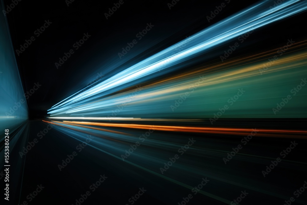 Poster long exposure image of motion blur lights in a tunnel showing speed and movement with bright streaks