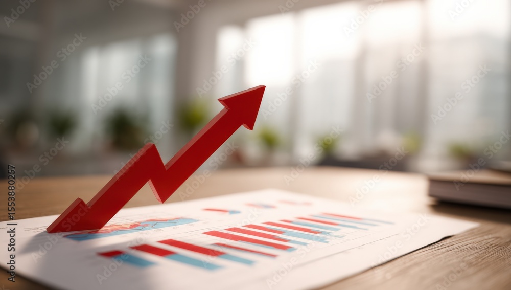 Poster business growth chart with red arrow upward on financial data paper in bright office environment wit
