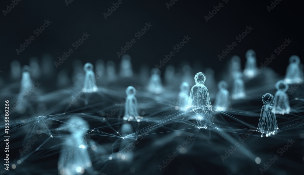 Poster Futuristic digital network with interconnected glowing human icons representing technology connectivity and virtual communication