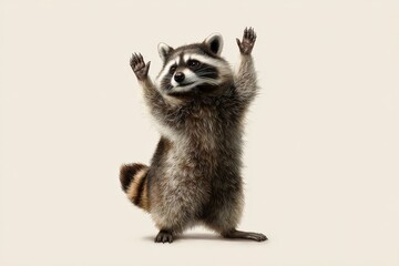 Fototapeta premium Adorable raccoon standing upright with paws raised on a plain white background, illustrating curiosity and natural behavior of wildlife animal