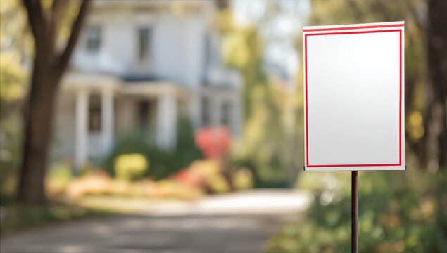 Empty rectangular signboard with red border standing outdoors in front of a house du daytime with trees and flowers in background