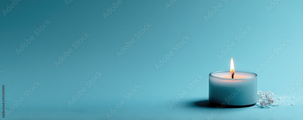 Aufkleber Candle burning with flame on a smooth blue background creating a calming and peaceful atmosphere for relaxation and mindfulness practice