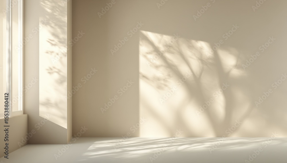 Poster bright sunlight shadow patterns cast by tree branches on empty beige wall and floor in bright interi