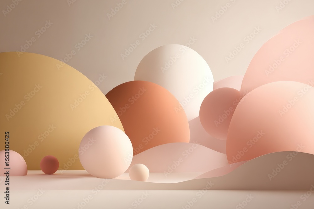 Aufkleber Arrangement of Various Sized Soft Pastel Colored Spheres and Circles on Light Neutral Background for Minimalist Abstract Design