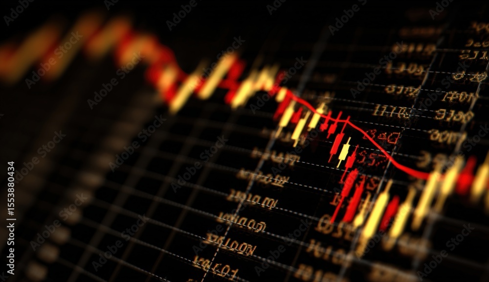 Poster Dynamic financial stock market chart with downward trend line and glowing data points showing decline and volatility in trading