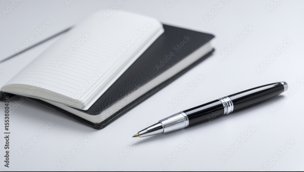 Poster close-up of open notebook with lined pages and black cover alongside a black and silver retractable 