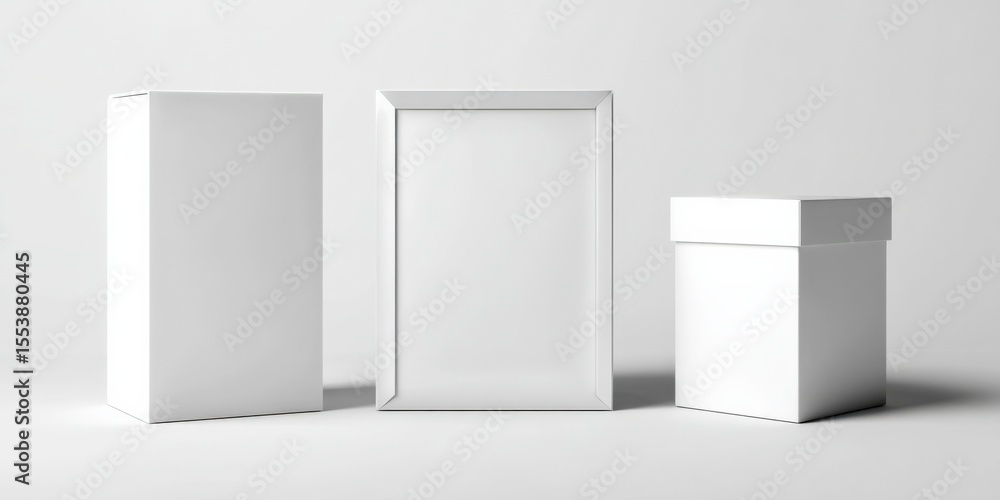 Poster Minimalist white display pedestals and platform stands for product showcase and exhibition setup in a clean modern studio setting