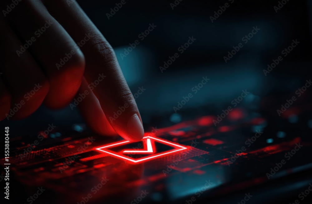 Poster Close-up of a human finger pressing a red illuminated fingerprint scanner button on a futuristic digital laptop keyboard with glowing light effects